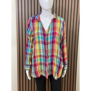 Soft Surroundings Women's Blue M Button-Up Cotton Tunic Shirt Plaid Boho Casual